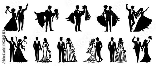 wedding couple, bride and groom silhouette set black filled vector Illustration icon