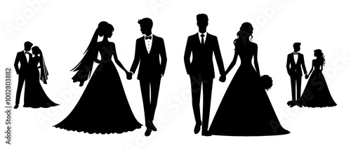 Happy newly married couple holding hands. Wedding couple silhouette black filled vector Illustration icon