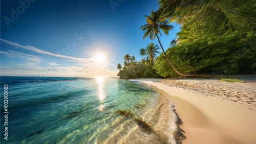 Ein abgeschiedener Strand mit kristallklarem Wasser, unberührtem weißen Sand und üppigem Grün, umgeben von hohen Palmen, beleuchtet von der untergehenden Sonne. photo