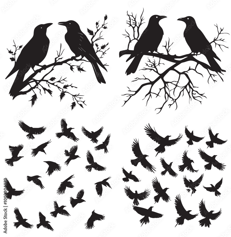 Obraz premium silhouettes of birds,bird, silhouette, animal, nature, illustration, vector, birds, crow, black, isolated, beak, bullfinch, branch, wildlife, white, wing, raven, feather, winter, cartoon, art, fly, tr