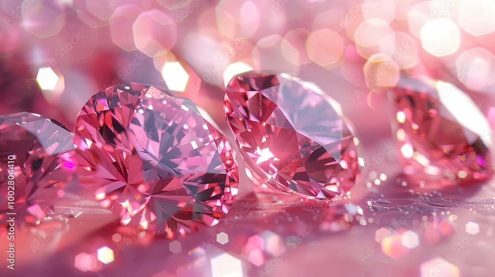 Stunning pink diamonds sparkling against a soft, blurred bokeh background, perfect for luxury and elegance themes. Stunning pink diamonds sparkling against a soft, blurred bokeh background, perfect for luxury and elegance themes.