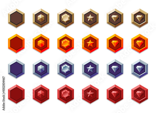 Colorful metallic level rank badges bundle. Wood, woody, wooden, bronze, cooper, gold, silver, magic materials. Fantasy, medieval symbols. Diamond, star, gemstone.