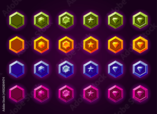 Vibrant colorful metallic level rank badges bundle. Green, yellow, blue, pink colors. Award and progress.