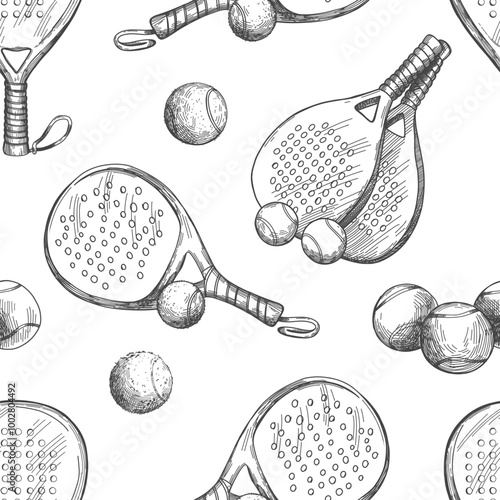 Vector seamless pattern with pickleball equipment. Pattern with balls and rackets in sketch style.