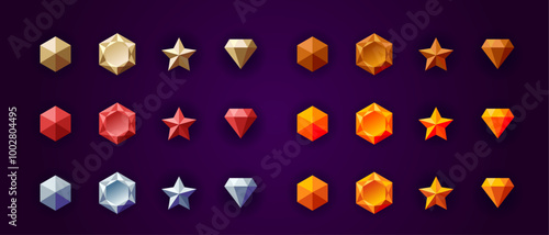 Colorful game objects assets set. Diamond, star, gemstone. Item symbols for games. Medieval, scify, fantasy, rpg. Gold, silver, wood, red, blue, orange, yellow.