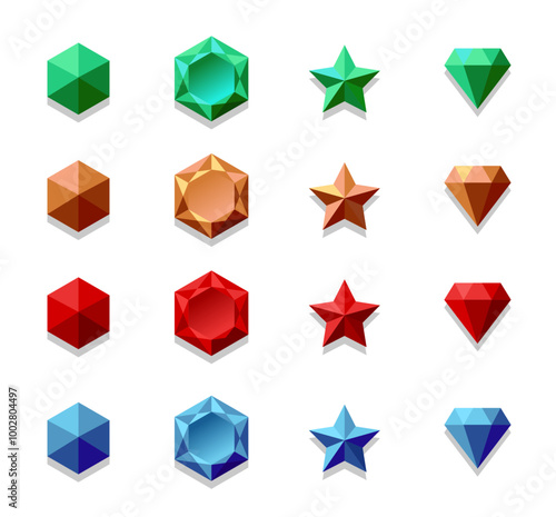 Colorful game objects assets set. Diamond, star, gemstone. Item symbols for games. Medieval, scify, fantasy, rpg. Green, brown, red, blue.