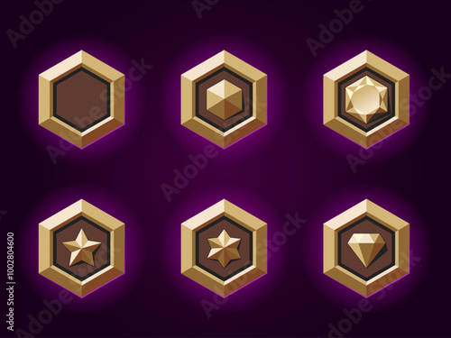 Metallic badges set for games. Metal arank badges emblems. Metallic style. Diamond, gemstone, star objects.