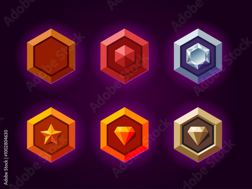 Metallic level rank badges set. Diamond, star, gemstone. Wood, bronze, gold, silver, magic materials.