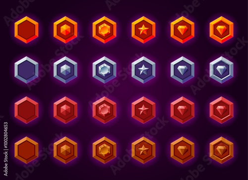 Metallic level rank badges collection. Diamond, star, gemstone. Wood, woody, wooden, bronze, cooper, gold, silver, magic materials. Fantasy, medieval symbols.