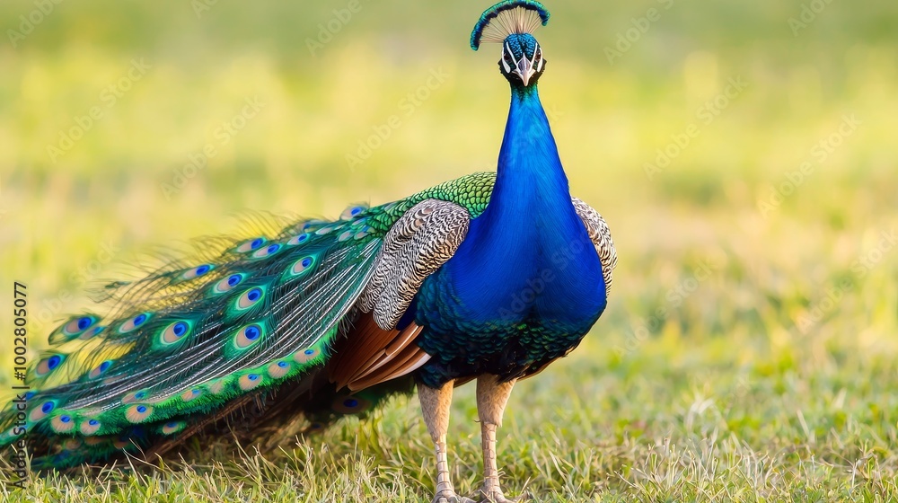 Obraz premium Colorful peacock displaying its stunning feathers in a natural setting.