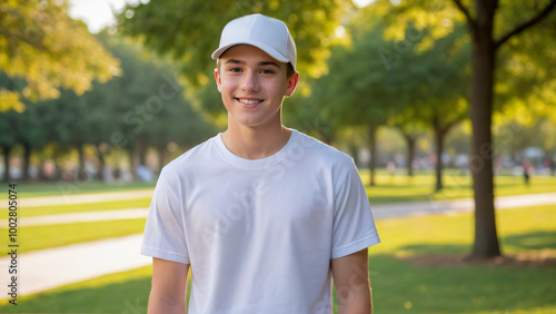 Teenage boy wearing white t-shirt and white baseball cap standing in the park