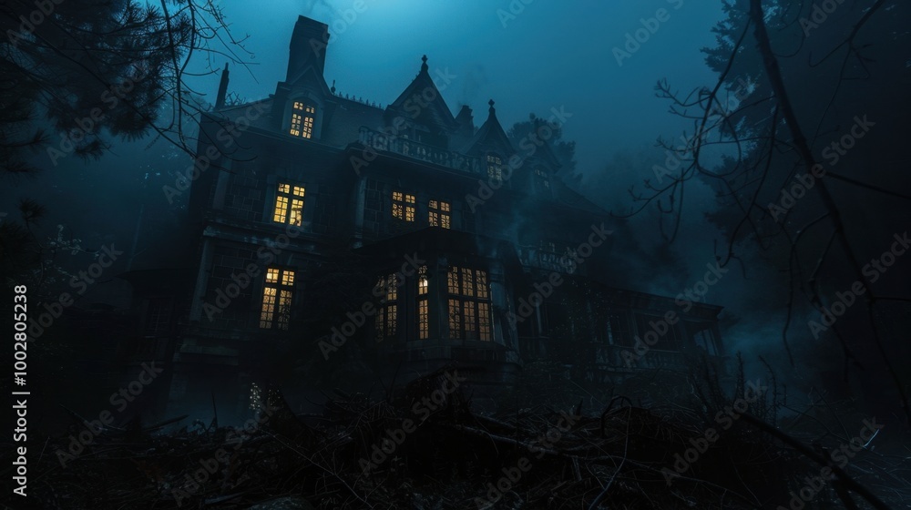 Spooky Abandoned House in Foggy Night Scene Spooky Abandoned House in Foggy Night Scene