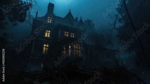 Spooky Abandoned House in Foggy Night Scene