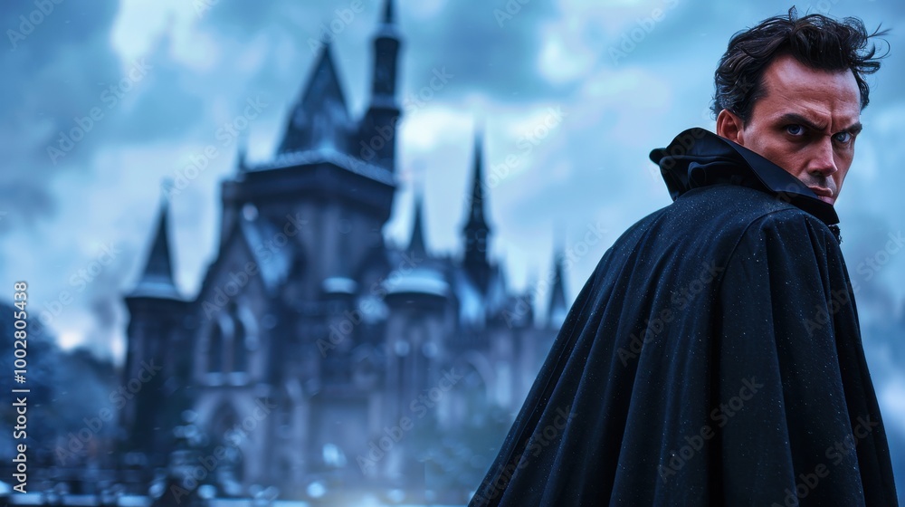 Mysterious Figure in Dark Cape at Gothic Castle Mysterious Figure in Dark Cape at Gothic Castle