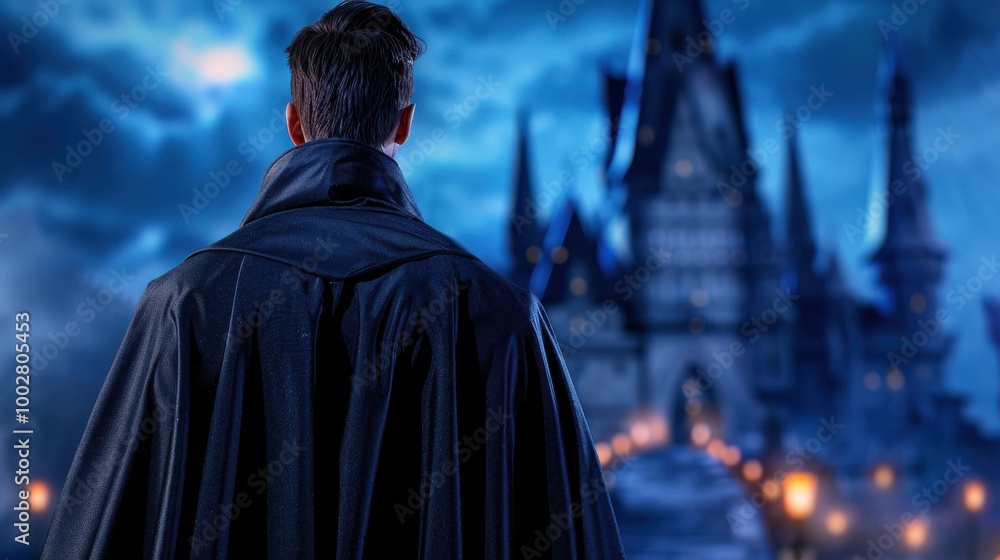 Naklejka premium Dark Cloaked Figure in Moonlit Landscape