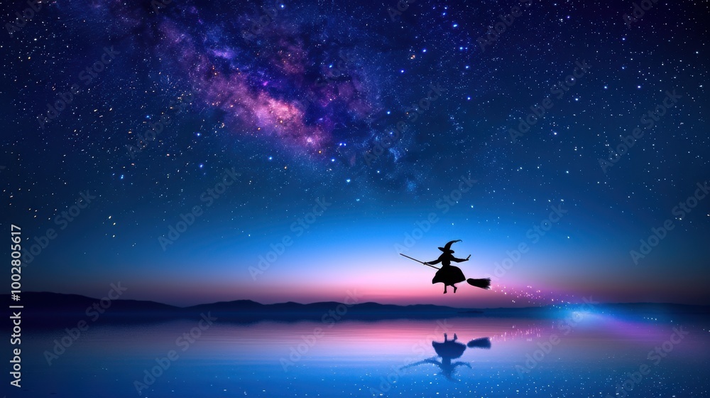 Naklejka premium Witch Flying on Broomstick Under Starry Sky