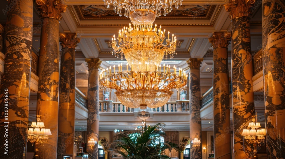Obraz premium Elegant Hotel Lobby with Stunning Chandeliers