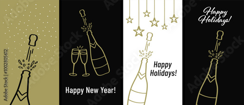 Set of cards with hand drawings of glasses and champagne bottle with decorative elements for Christmas or New Year's parties. Vector illustration
