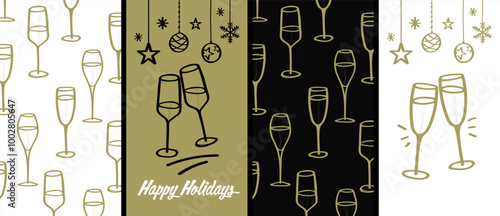 Set of cards with hand drawings of champagne glasses and Christmas party decorative elements. Vector illustration