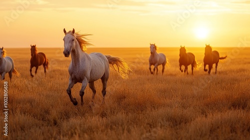 Herd of horses running in golden grassland at sunset, vivid sky and silhouettes.