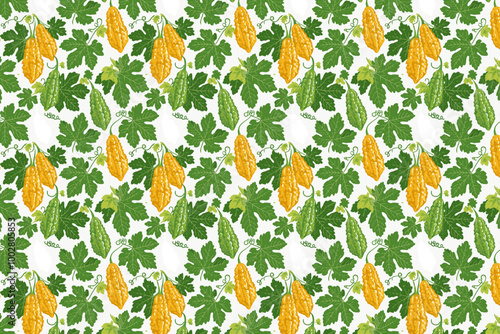 Bitter melon seamless pattern on white background. Vector illustration.