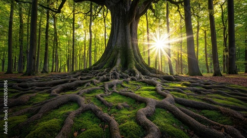Majestic tree with intricate roots in a sunlit forest.