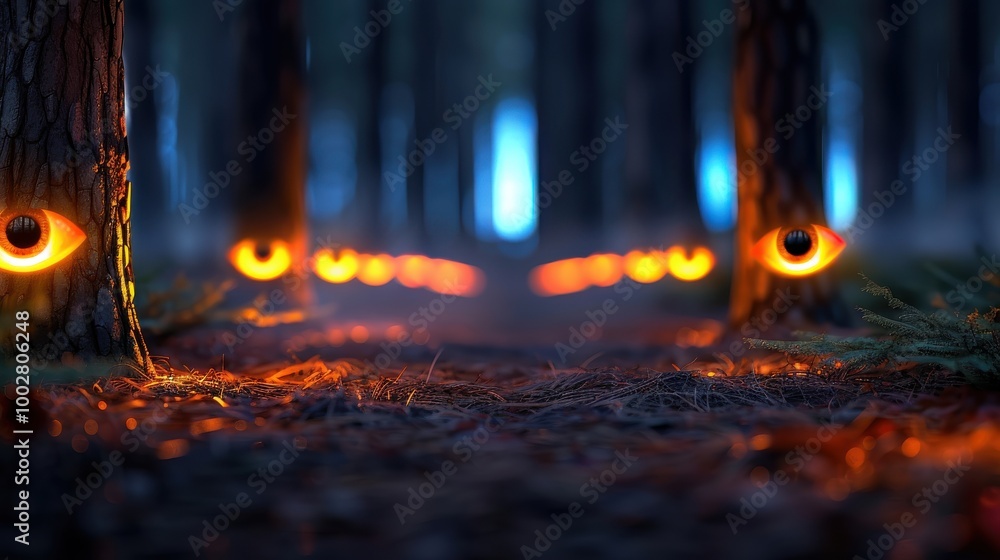 Eerie Forest with Glowing Eyes at Night Eerie Forest with Glowing Eyes at Night
