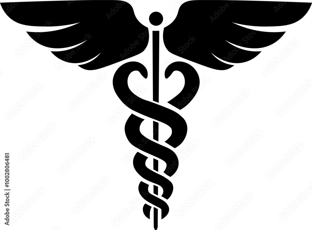 Caduceus symbol icon. Snake and stick with wings. Medicine logo. Healthcare. Rod of Asclepius. Isolated on white background. Vector illustration. Caduceus symbol icon. Snake and stick with wings. Medicine logo. Healthcare. Rod of Asclepius. Isolated on white background. Vector illustration.