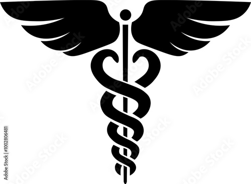 Caduceus symbol icon. Snake and stick with wings. Medicine logo. Healthcare. Rod of Asclepius. Isolated on white background. Vector illustration.