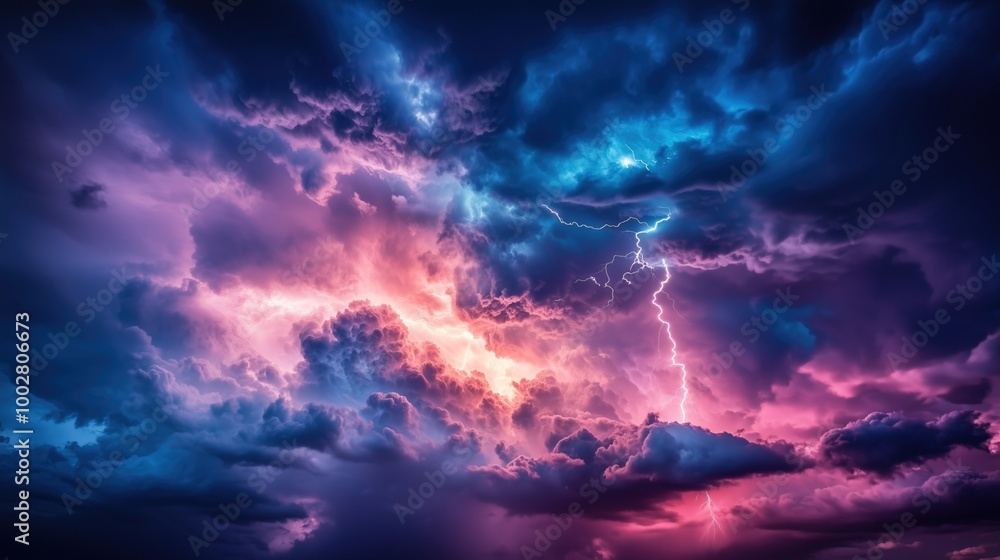 Fototapeta premium A stormy sky with multiple cloud to ground lightning strikes
