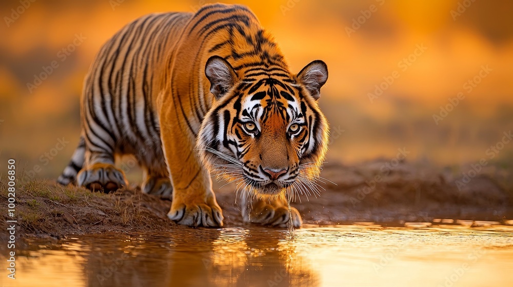 Obraz premium Tiger walking near water at sunset, vibrant colors and clear details.