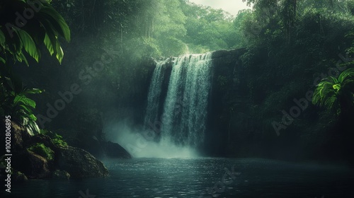 A stunning waterfall cascades gracefully into a tranquil pool, surrounded by vibrant foliage and bathed in the soft light of early morning, creating a peaceful escape in nature