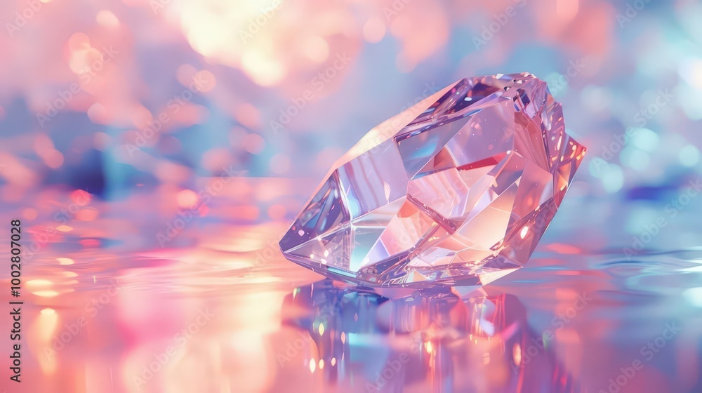 A stunning crystal gemstone glimmers on a colorful, reflective surface, showcasing its brilliance and elegance in vibrant lighting. A stunning crystal gemstone glimmers on a colorful, reflective surface, showcasing its brilliance and elegance in vibrant lighting.