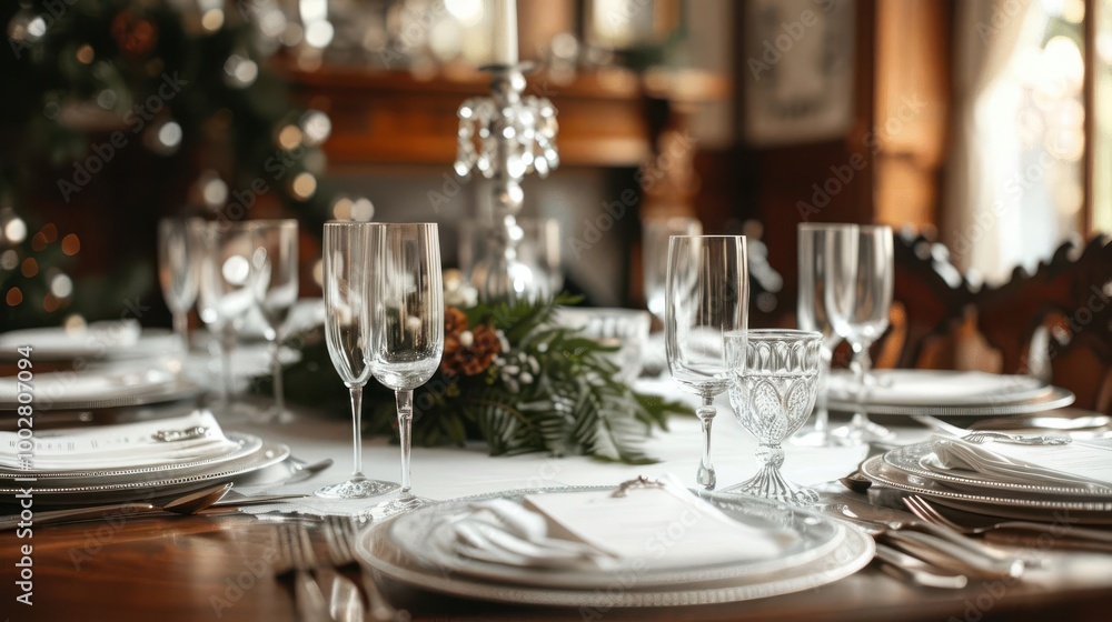 A lavish Victorian dining room set for a grand dinner, with crystal glasses, silverware, and a large centerpiece, vintage high society gathering, opulent living A lavish Victorian dining room set for a grand dinner, with crystal glasses, silverware, and a large centerpiece, vintage high society gathering, opulent living