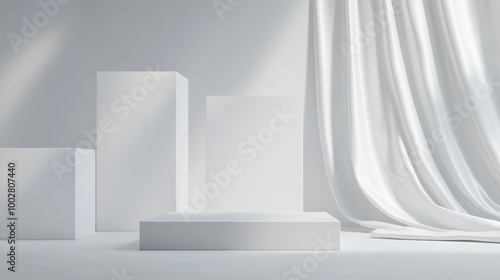 Abstract display with white geometric shapes and fabric, clean minimalistic style.