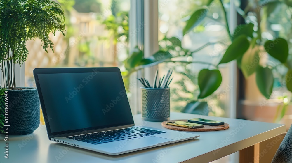 Fototapeta premium Startup Workspace in Peaceful Home Office with Laptop and Phone on Clean White Desk