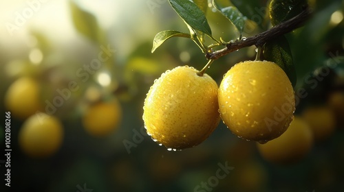 A focused photograph of bright yellow lemons on a branch after a refreshing rain, symbolizing purity and the invigorating spirit of nature's design. photo