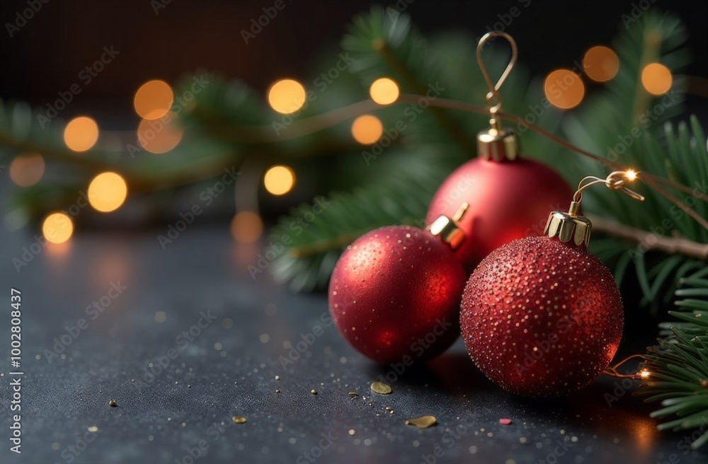 Christmas and new year background concept. Top view of Christmas ball, christmas brance, star and snowflake on dark background.