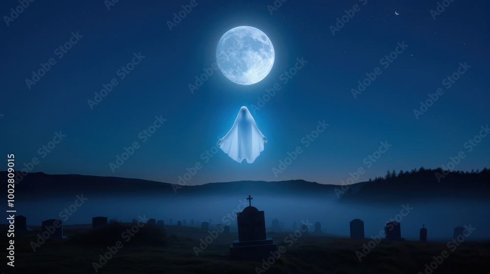 Ethereal Ghostly Figure Floating Above Graveyard Ethereal Ghostly Figure Floating Above Graveyard