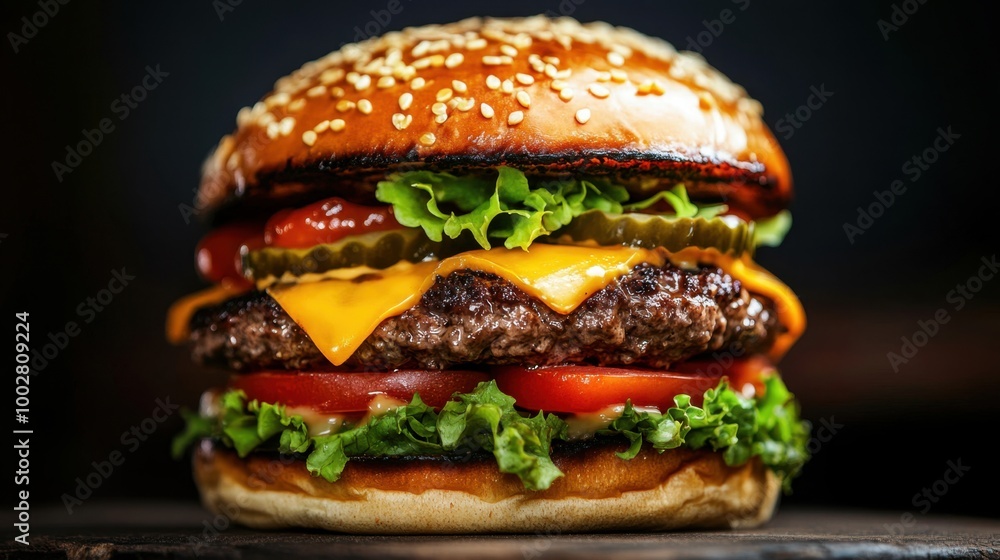 Close-up of a very delicious big burger against a dark background, showcasing layers of juicy beef, melted cheese, and fresh veggies. Ideal for fast food flyers. Close-up of a very delicious big burger against a dark background, showcasing layers of juicy beef, melted cheese, and fresh veggies. Ideal for fast food flyers.