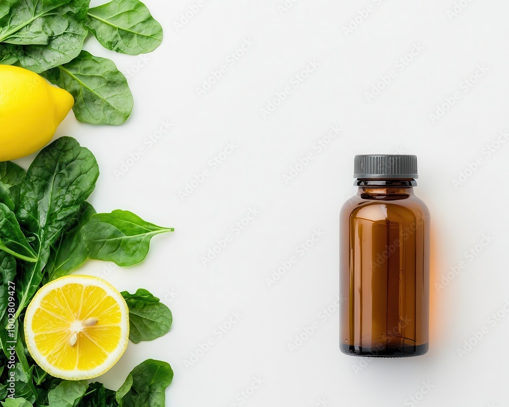Glass vitamin bottle on a white table, surrounded by green leaves and a glass of water, minimalistic wellness Glass vitamin bottle on a white table, surrounded by green leaves and a glass of water, minimalistic wellness