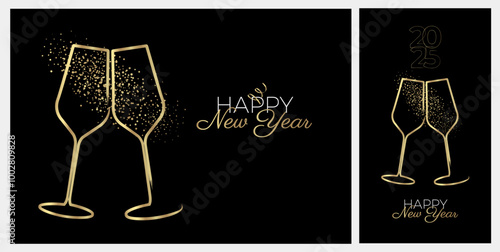 Hand drawn illustration of champagne glasses, bubbles and streamers. Design for event celebration, anniversary, New Year, congratulation. Vector.