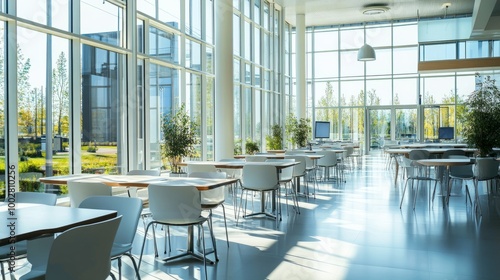 Bright office canteen in a business center  light-colored decor  with large clear windows allowing natural light in.