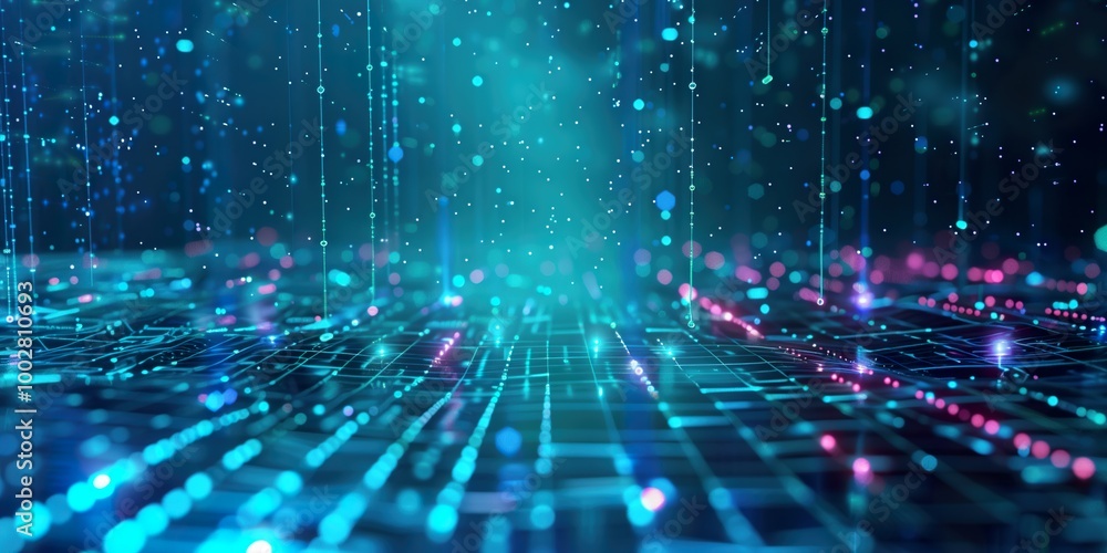 Fototapeta premium Abstract digital landscape with glowing lines and particles in blue and purple, representing data flow and technology