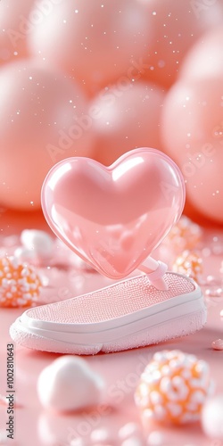 A pastel pink heart-shaped object rests on a smooth surface, surrounded by soft spheres and textured decorations, evoking love.