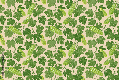 Bitter melon seamless pattern. Green gourd texture.