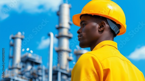 A man in a yellow hard hat looks toward an industrial plant.