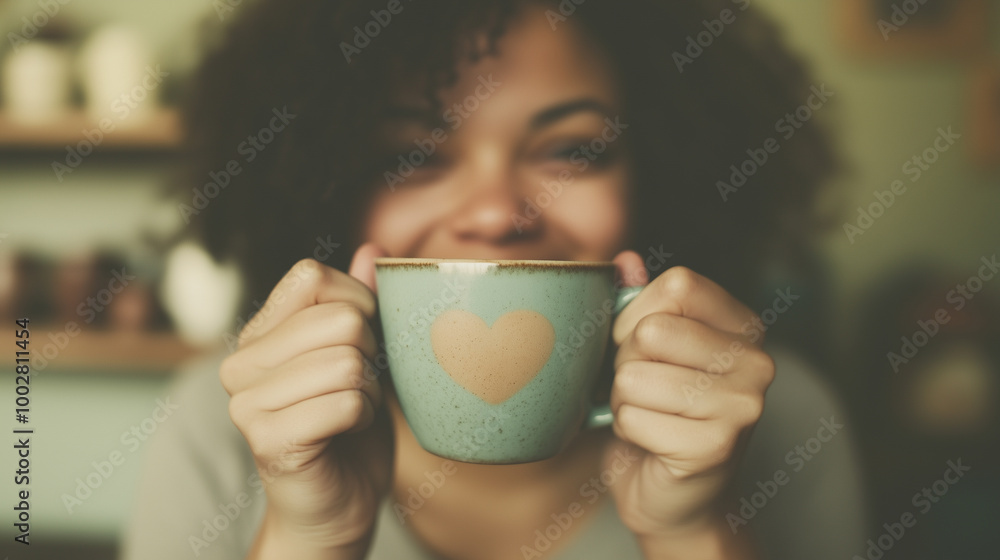 A woman is holding a mug with a heart on it and smiling A woman is holding a mug with a heart on it and smiling