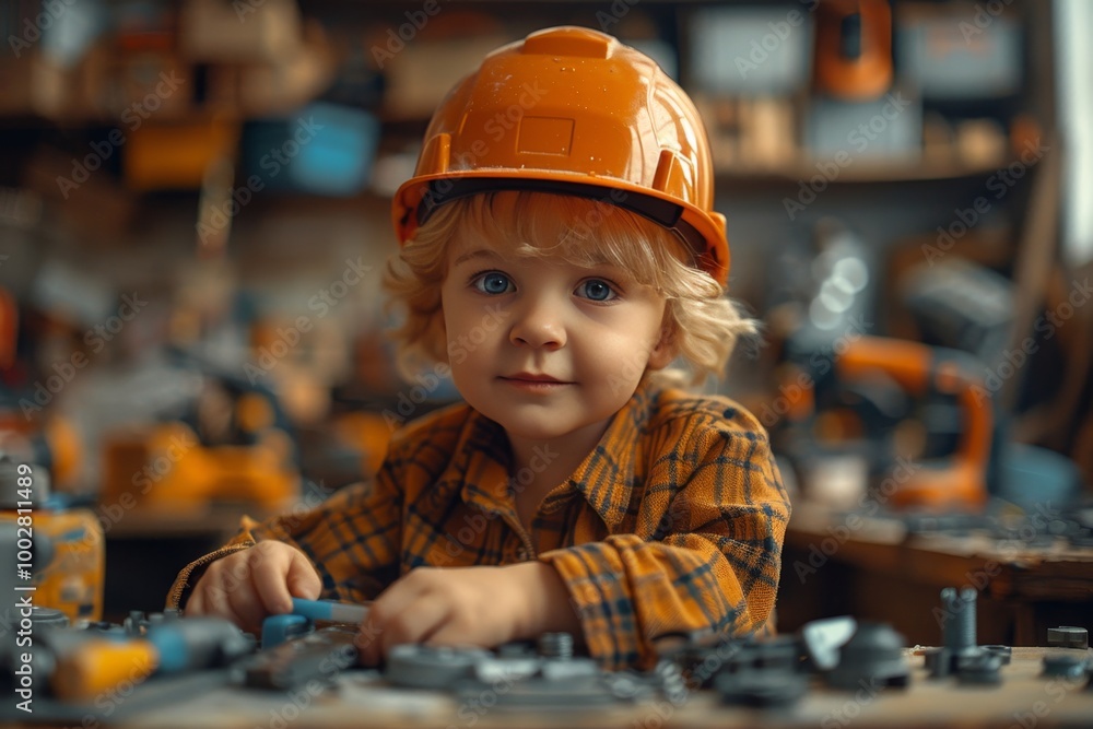Child imagines future as builder young boy in hard hat playing with tools in study room Child imagines future as builder young boy in hard hat playing with tools in study room
