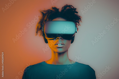 A close-up portrait of a woman wearing a virtual reality headset, illuminated by a dramatic mix of orange and teal lights, evoking a sense of adventure.